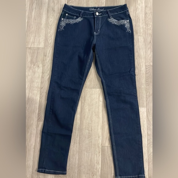 Silver crush jeans size 12 embroidery sequin rhinestones skinny - Picture 1 of 3